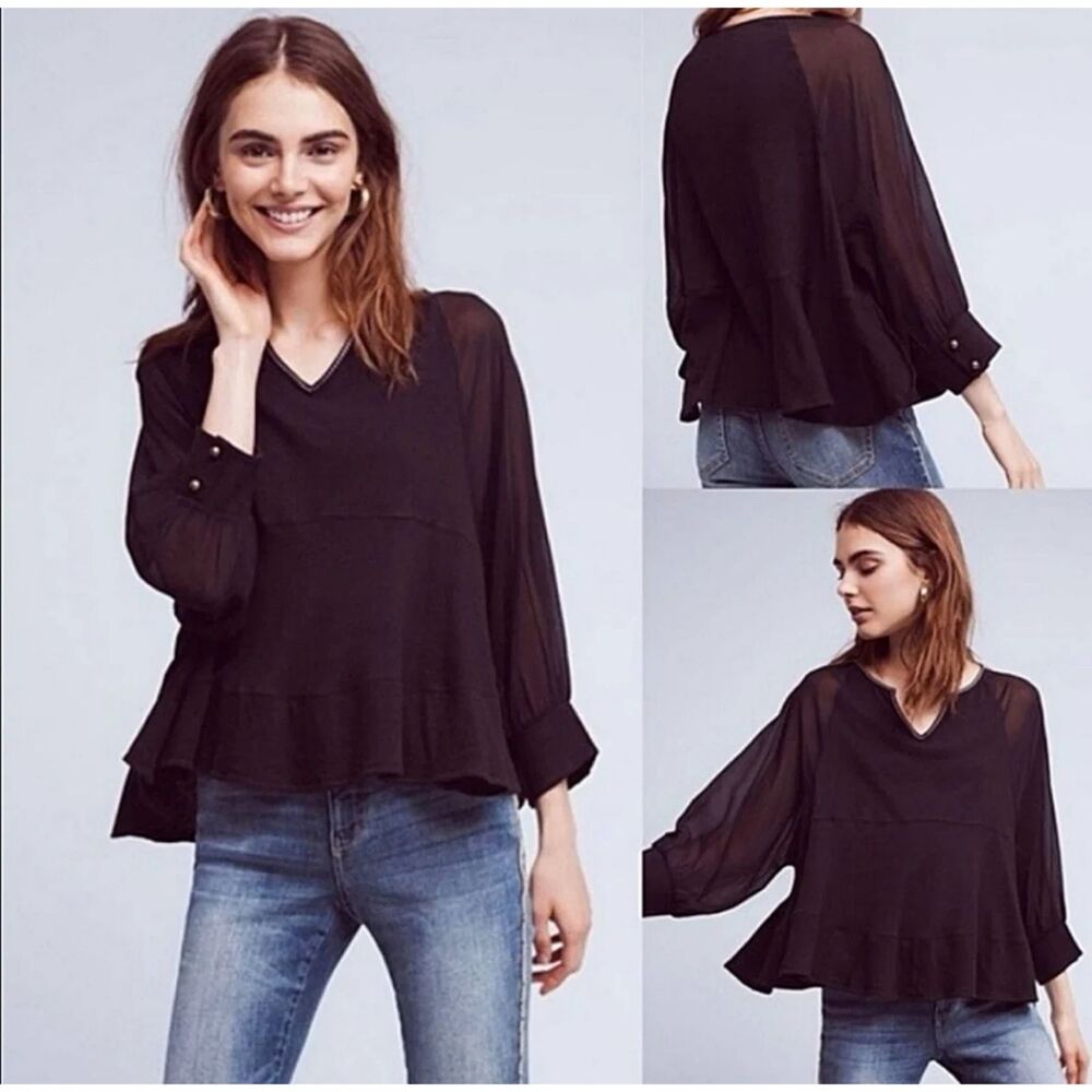 Akemi + Kin Anthropologie Fenn Top Long Sleeve Peasant Boho Blouse Black Small